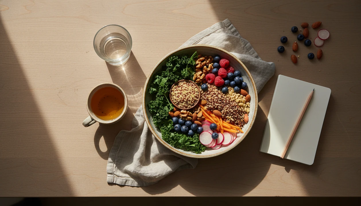 A calm tabletop with a nourishing meal, tea, water, and a blank journal for mindful eating reflection.