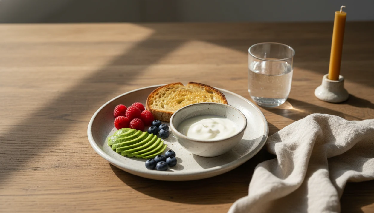 A calm breakfast plate on a wooden table with water, linen, and soft morning light.