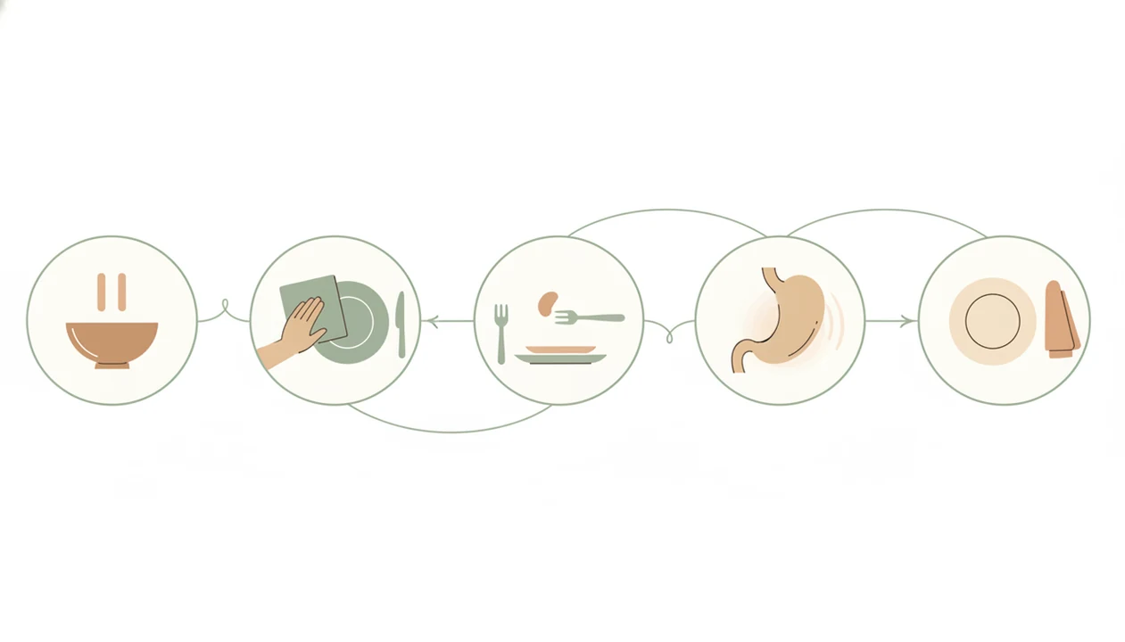 A simple five-part illustration shows pausing, removing distractions, tasting, checking fullness, and finishing calmly.