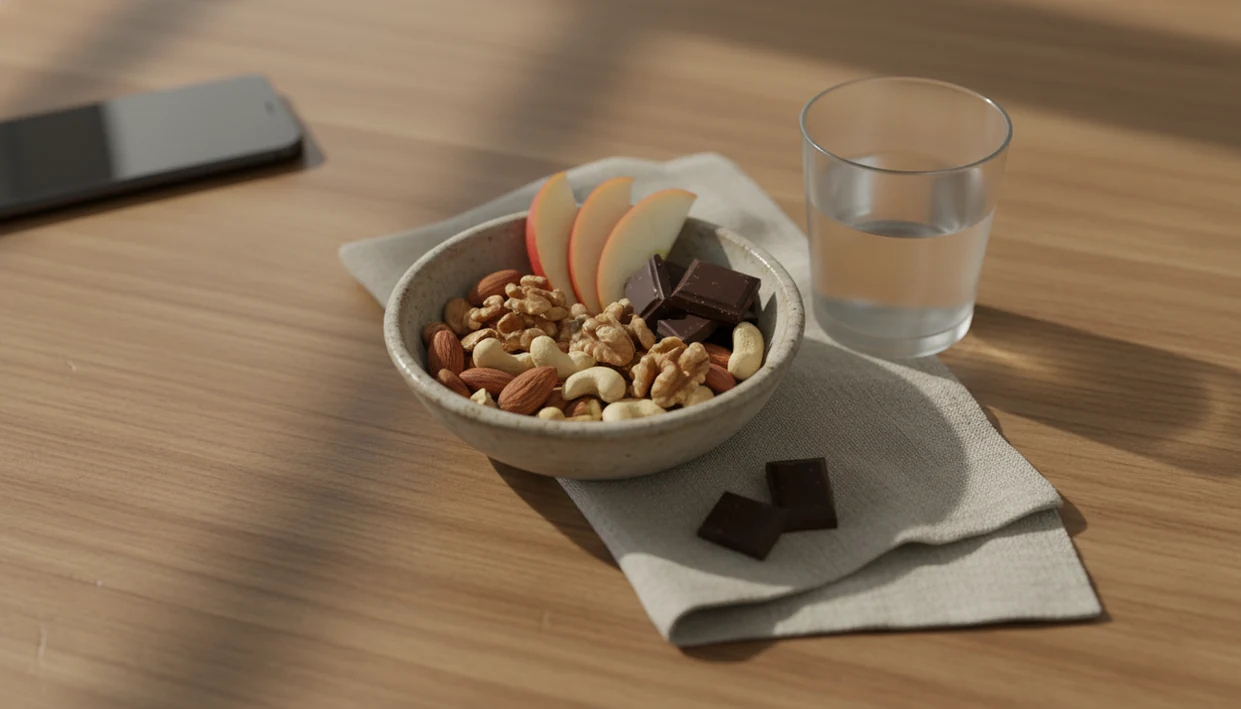 A calm snack setting with fruit, nuts, chocolate, water, and a face-down phone on a wooden surface.