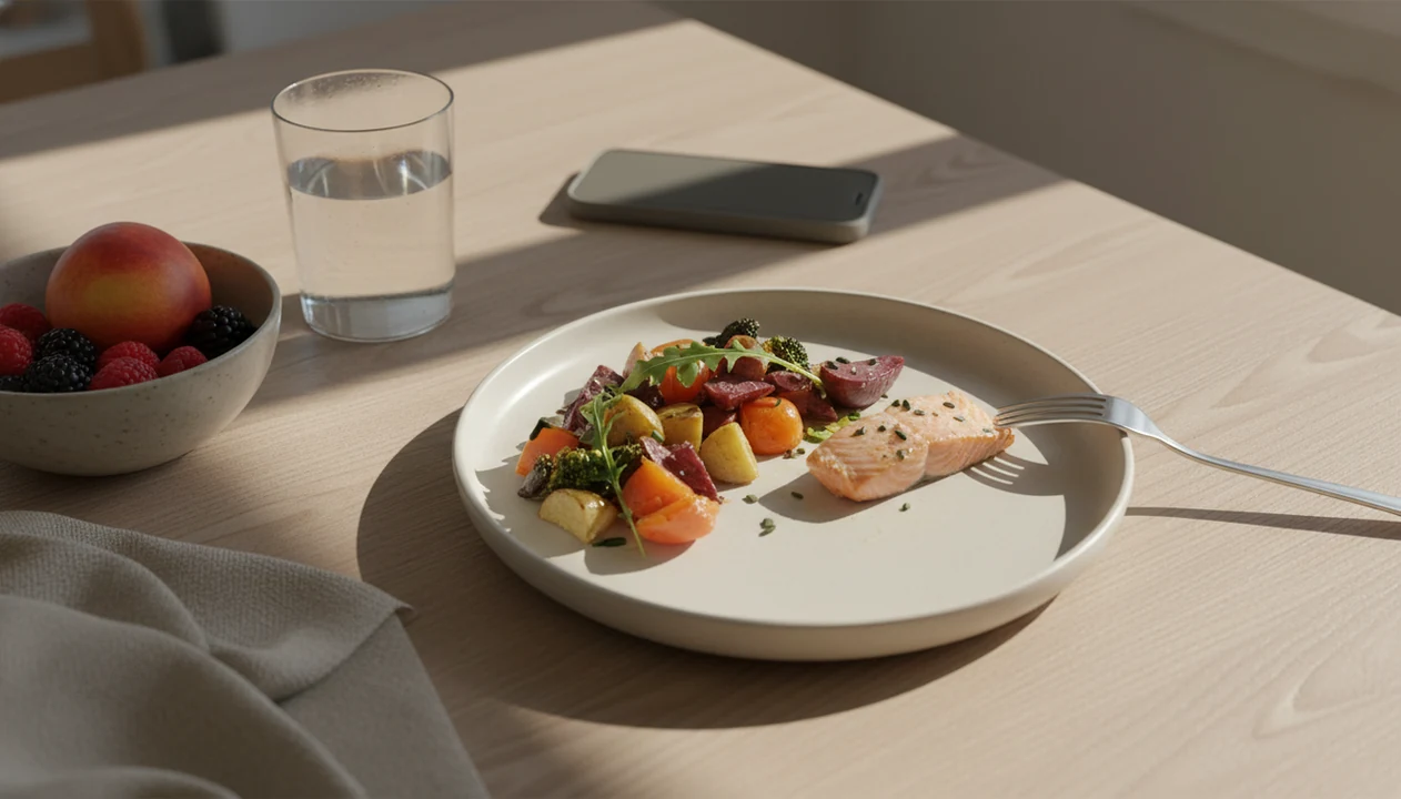 A calm table setting with an unfinished meal, water, fruit, and a face-down phone suggesting mindful pause.