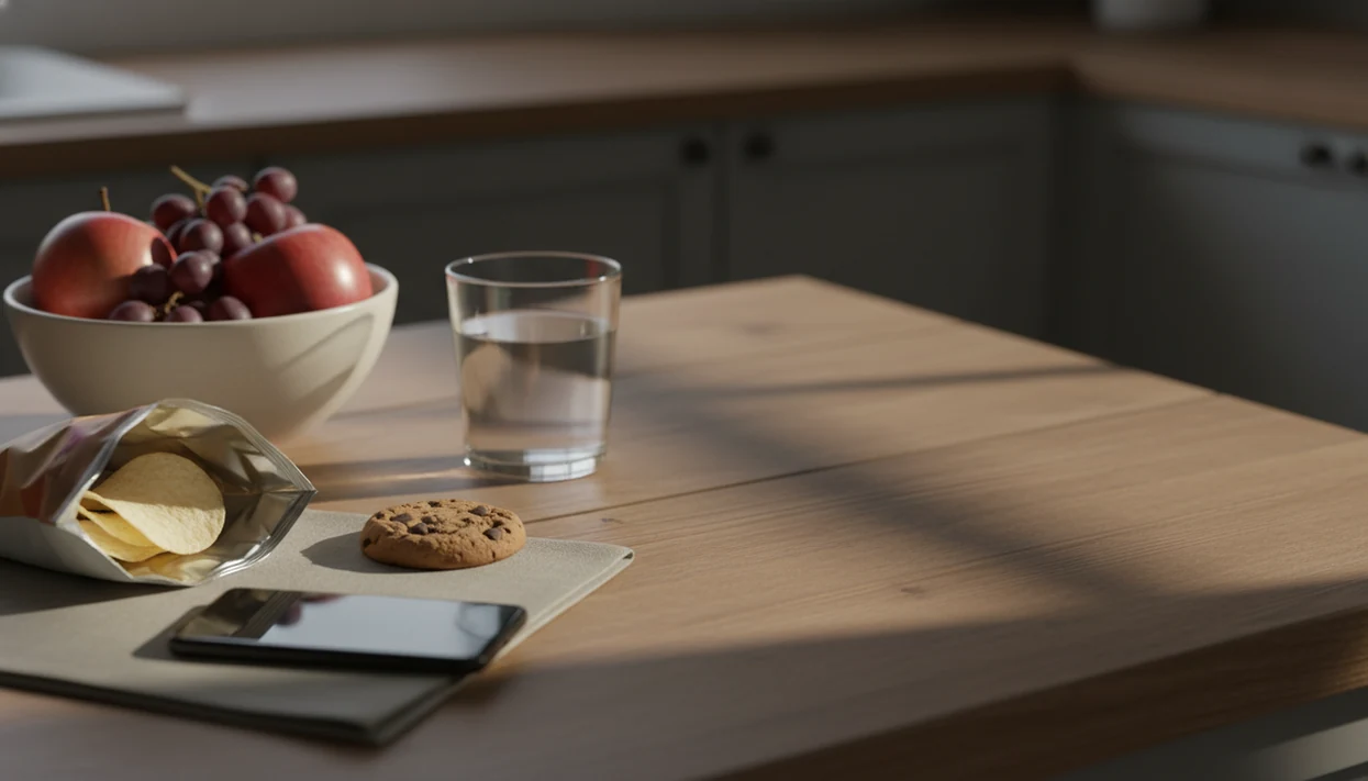 A calm kitchen counter shows snacks, water, fruit, and a face-down phone during a mindful pause.
