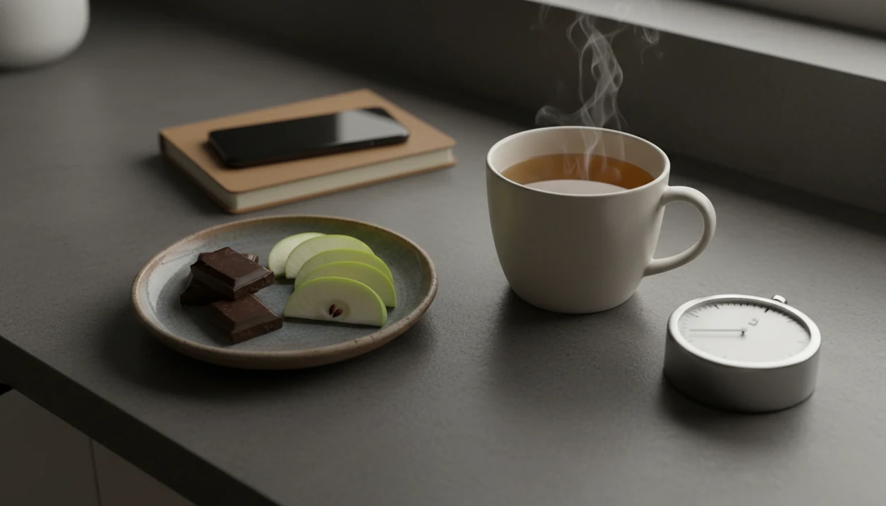 A calm kitchen still life with chocolate, apple slices, tea, and a timer suggesting a mindful pause.