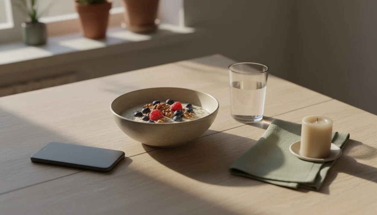 A calm breakfast table with oatmeal, water, candle, and a face-down phone in soft morning light.