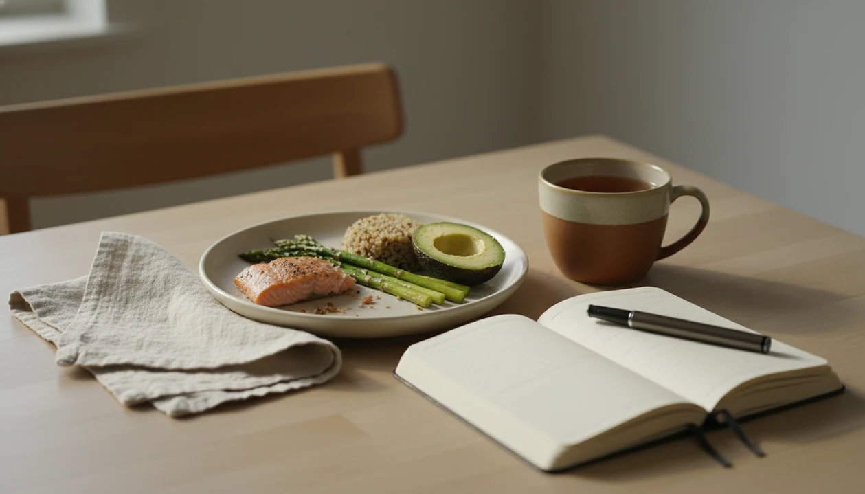 A quiet table with a partly eaten meal, tea, and a blank journal suggesting a gentle pause around eating.
