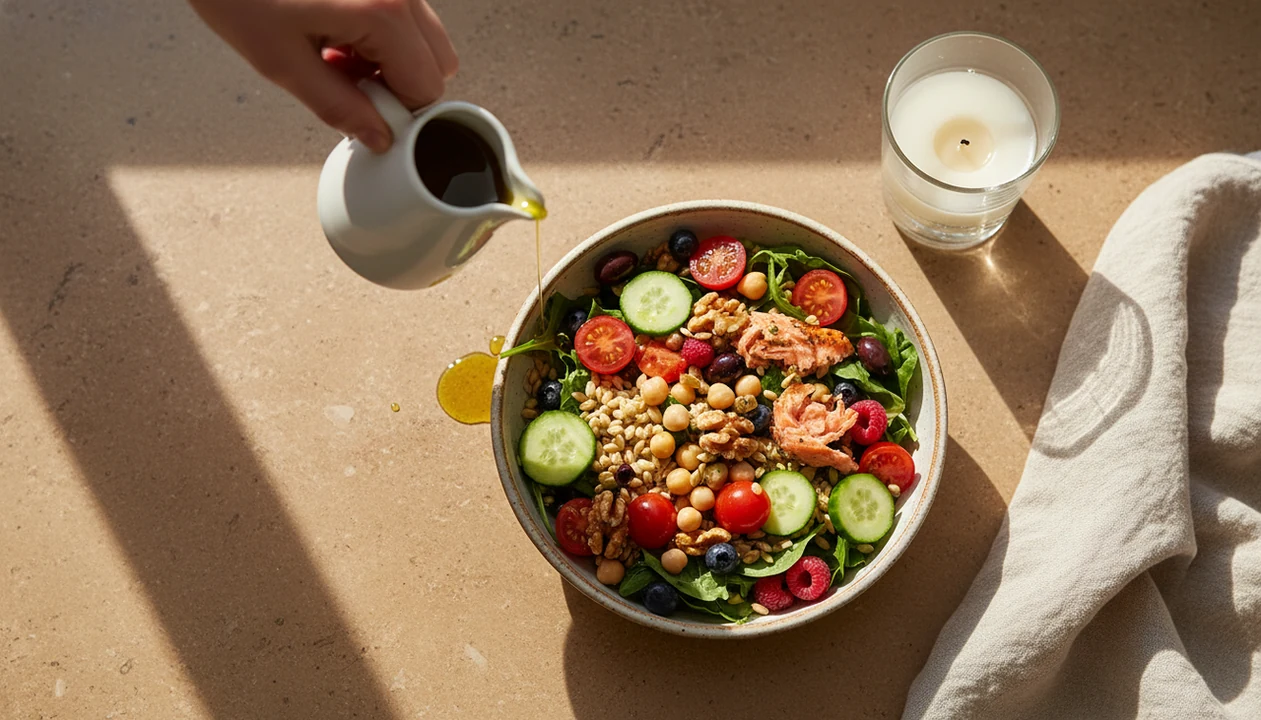 A calm overhead meal of Mediterranean foods arranged with water and a candle on a stone surface.
