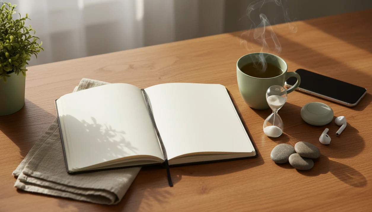 A calm therapy practice setup with a notebook, tea, stones, timer, and face-down phone on a wooden table.