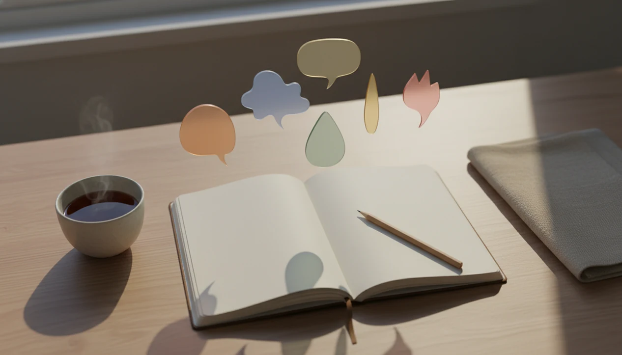 An open blank journal with five soft speech-bubble shapes suggesting different inner voices.
