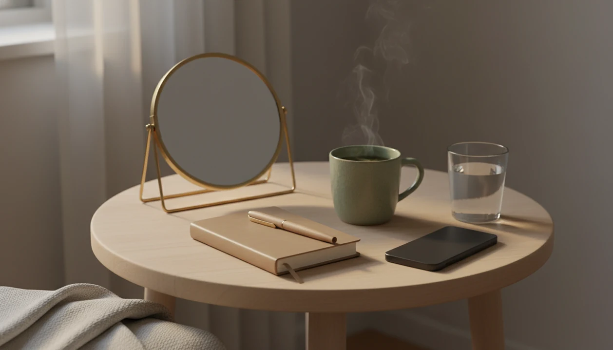 A calm bedside still life with a journal, tea, face-down phone, mirror, blanket, and soft dawn light.