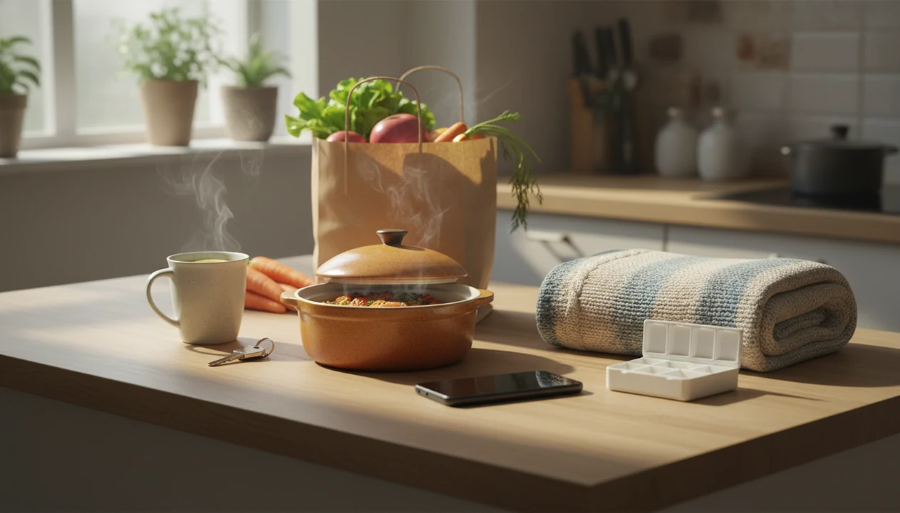 A kitchen counter holds a prepared meal, groceries, keys, tea, and a blanket for caregiver support.