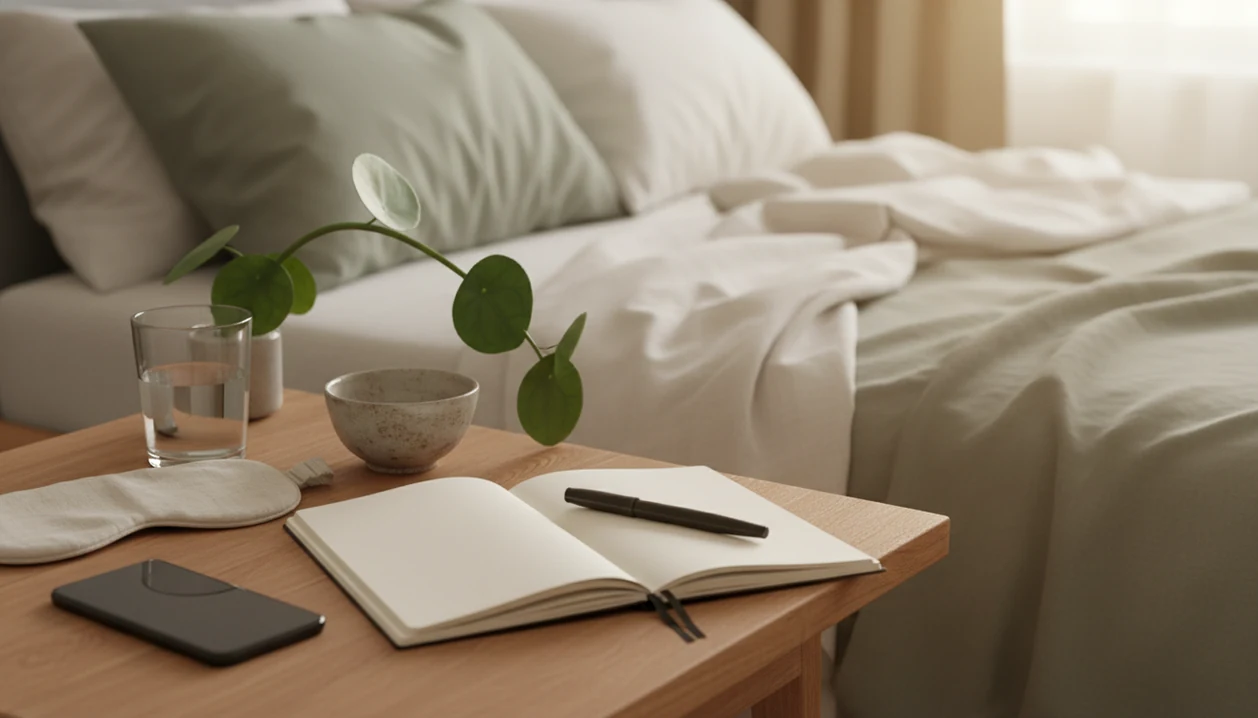 A calm bedside still life with sleep tools, a blank notebook, water, and a small plant in morning light.