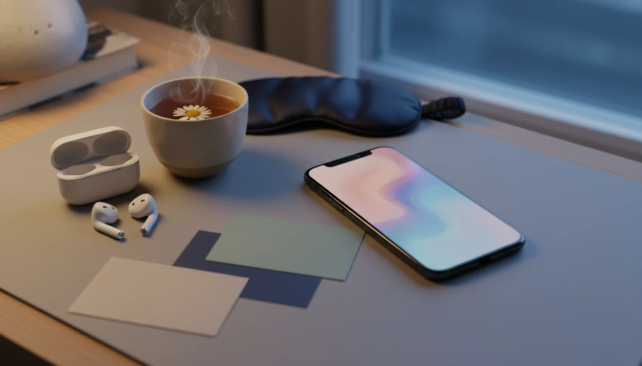 A calm bedside setup with a phone, sleep mask and phone on the nightstand.