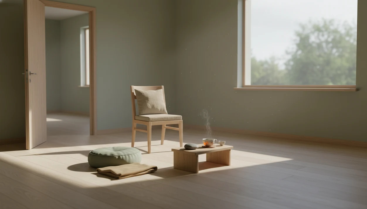 A calm meditation room with a chair, cushion, blanket, grounding objects, window light, and an open door.