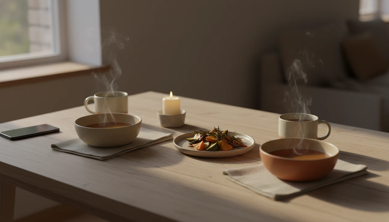 A calm dinner table for two with tea, bowls, and a phone turned face down to suggest mindful presence.