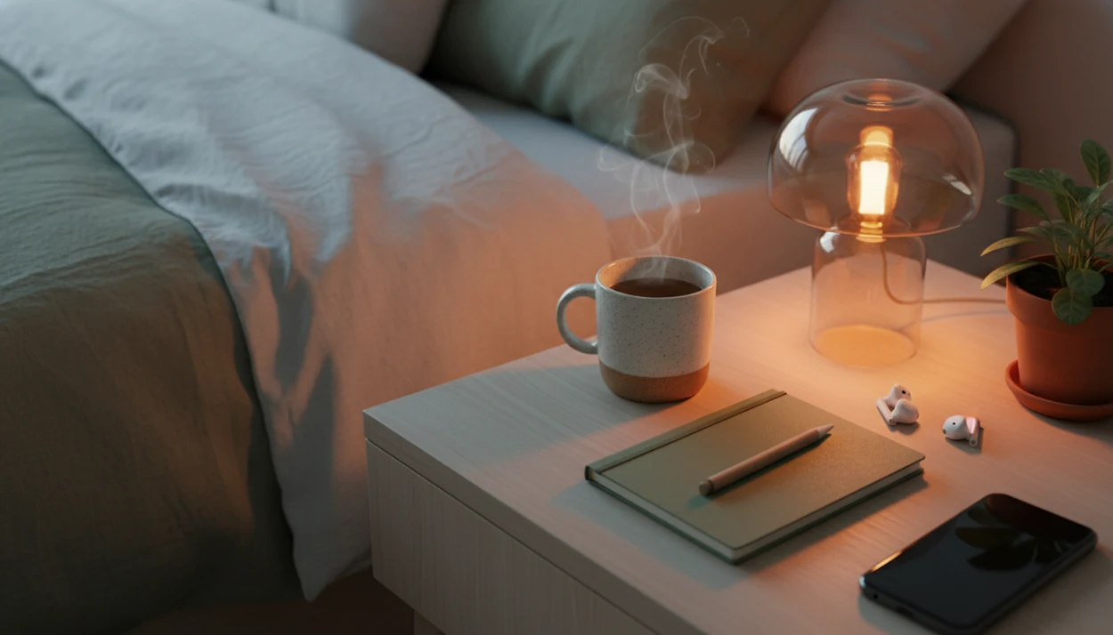 A calm bedside self-care setup with tea, journal, bedside phone with a downloaded calm track.