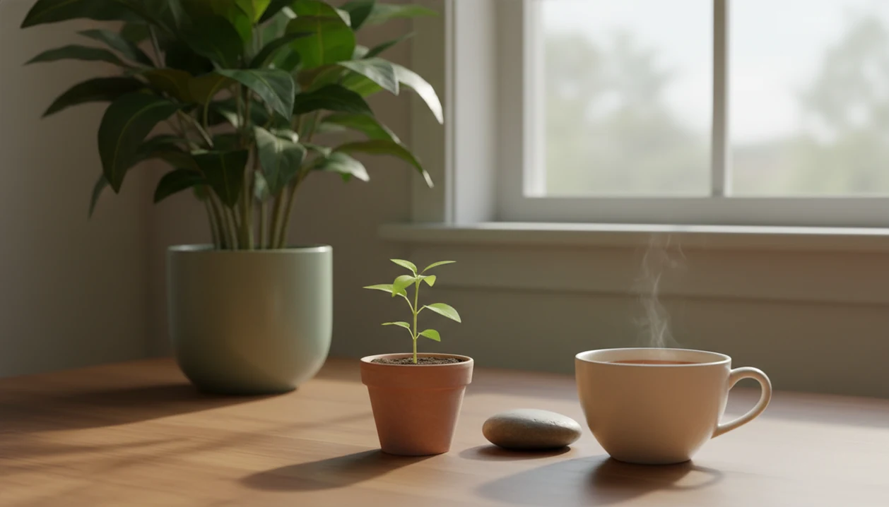 A small sprout, a larger plant, tea, and a smooth stone sit in soft morning light.