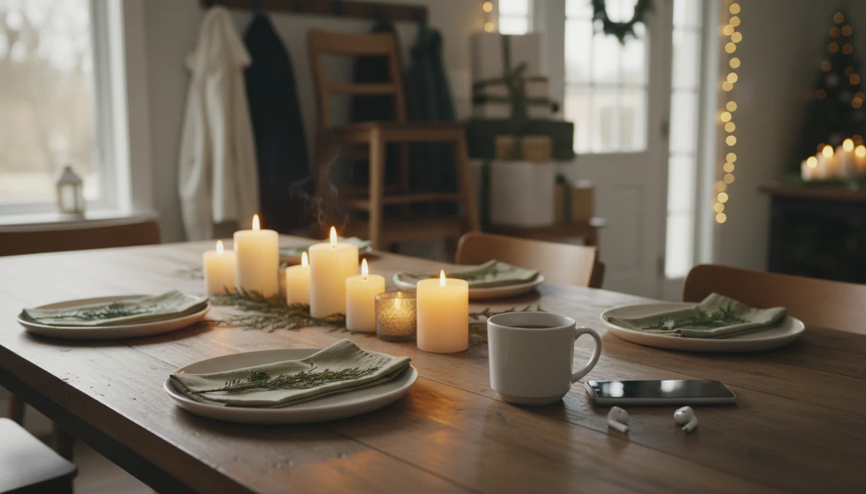 A quiet holiday table with candles, tea, and speaker and dim light on the bedside table.