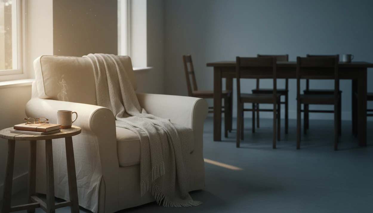 A quiet room contrasts a warm solitary chair with a cool empty table and chairs.