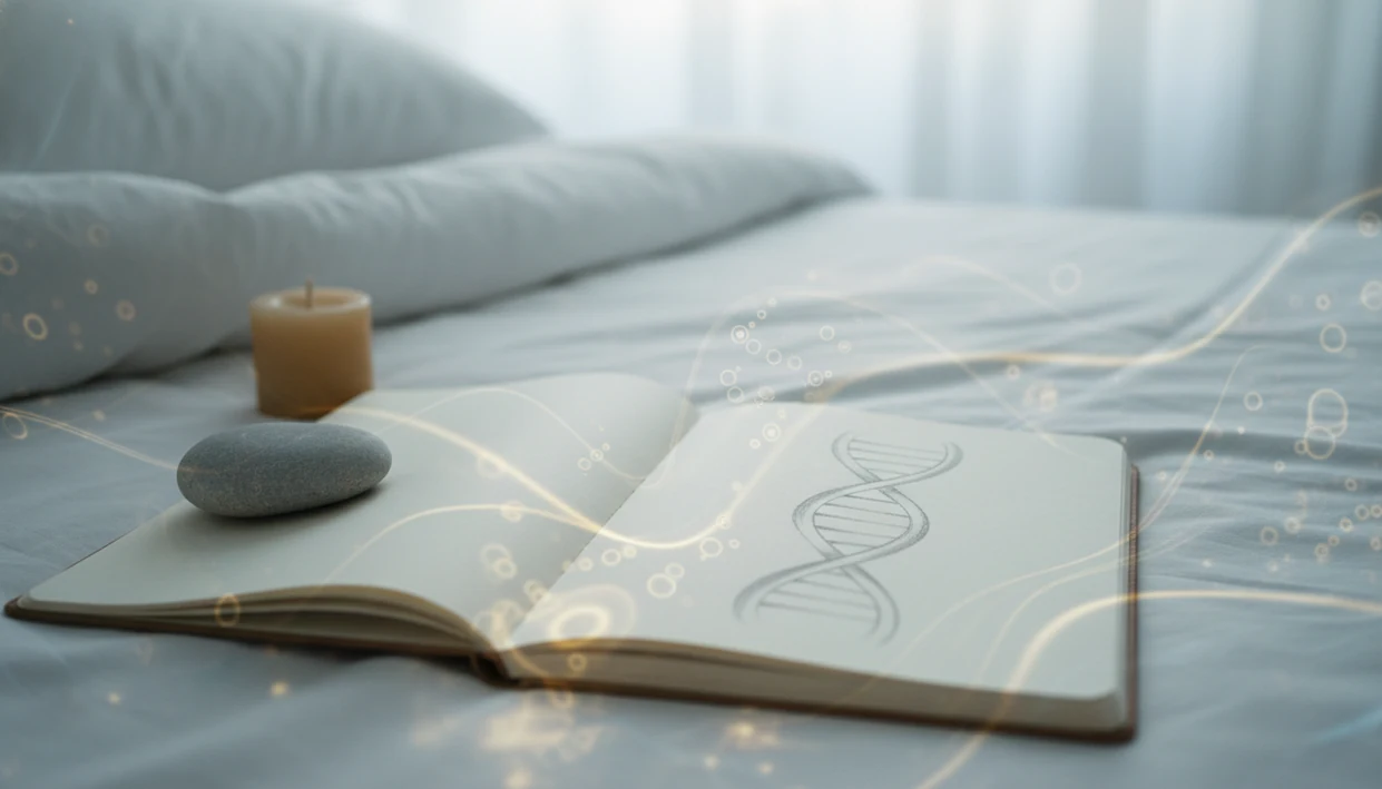 A calm bedside still life shows a sketched DNA helix beside meditation objects in soft morning light.