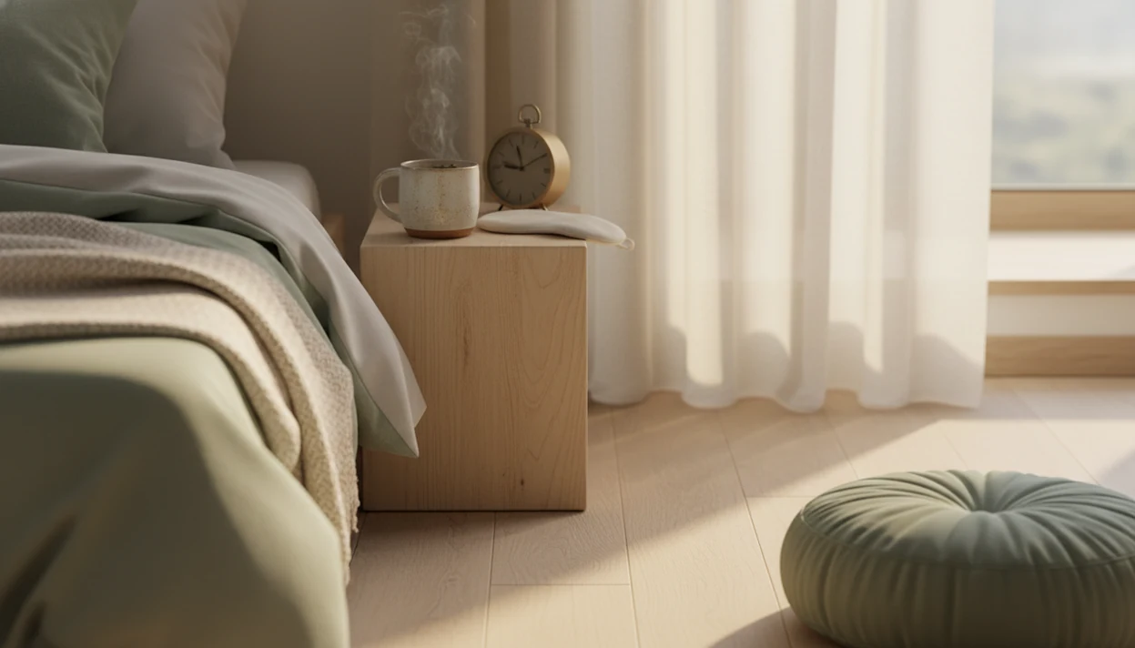 A quiet sunrise bedroom scene with tea, linen, an eye mask, and a meditation cushion for calm practice.