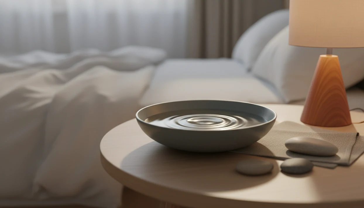 A calm bedside still life with rippled water, stones, linen, and soft morning light.