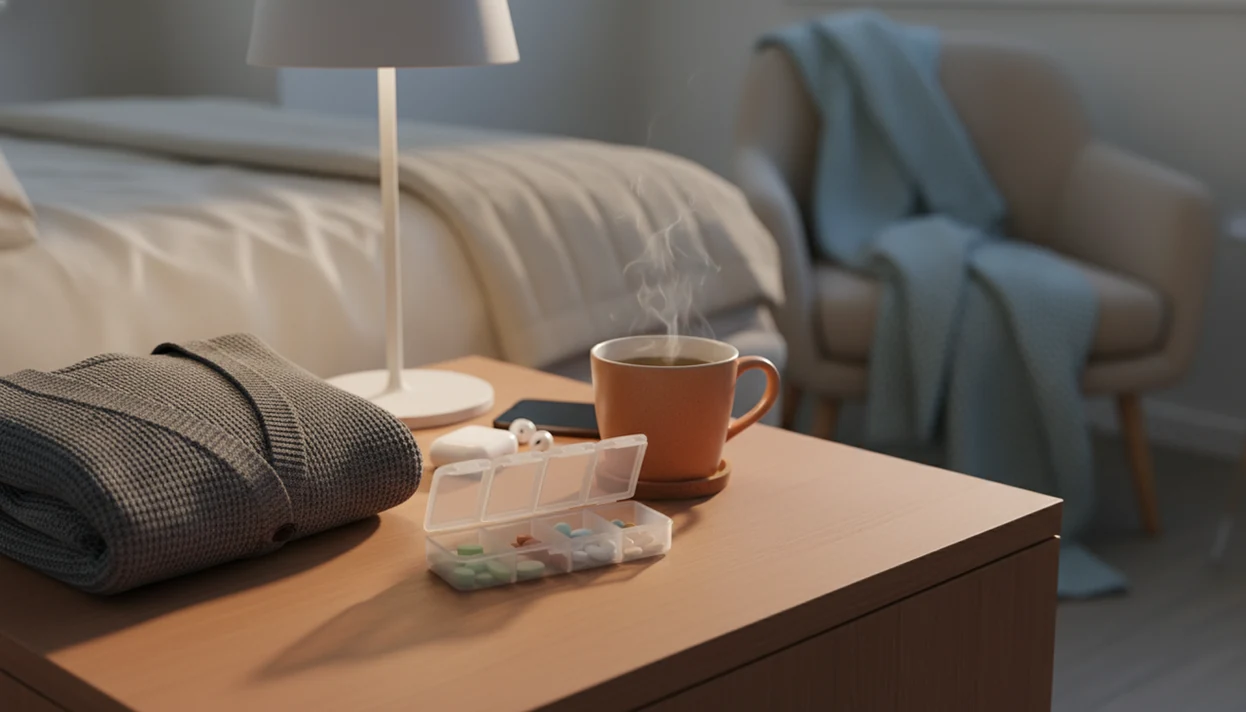 A calm bedside still life shows tea, sleep mask and phone on the nightstand.
