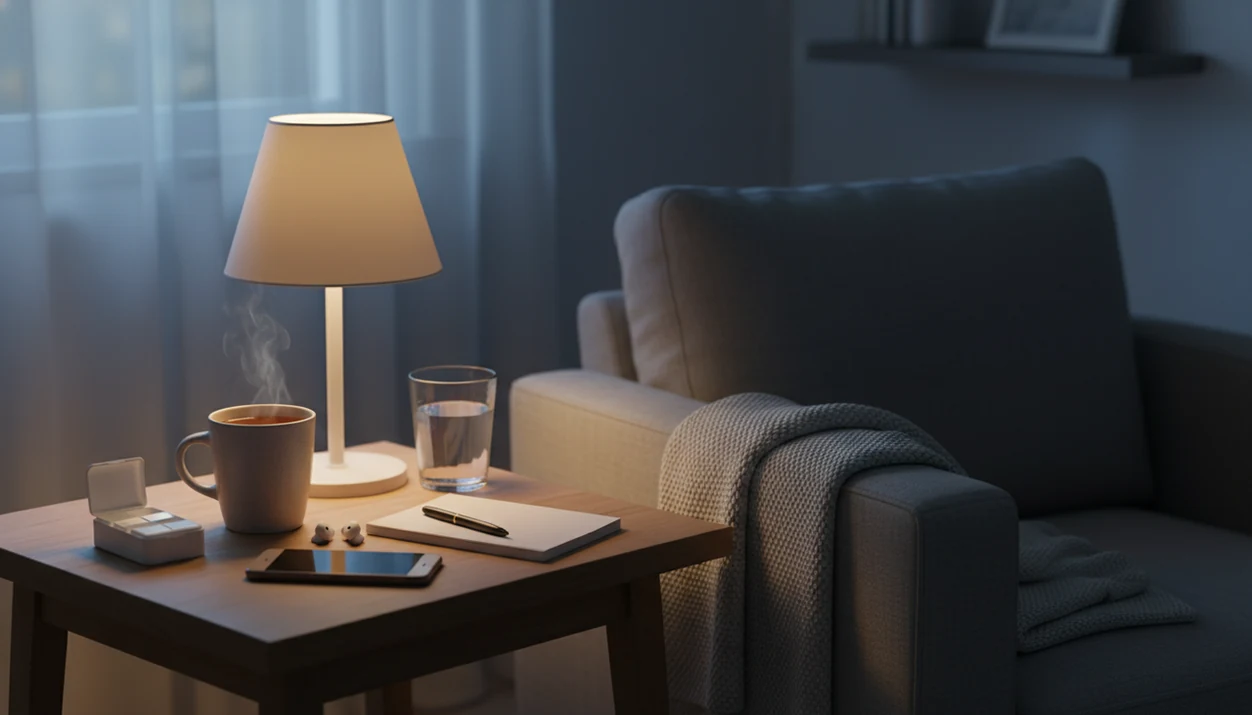 A calm bedside reset corner with tea, water, notebook, low light, blanket, and phone for guided audio.