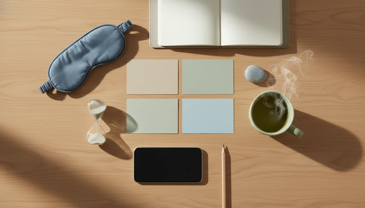 A calm desk setup with blank cards, a phone, and objects symbolizing sleep, anxiety, focus, and calm.