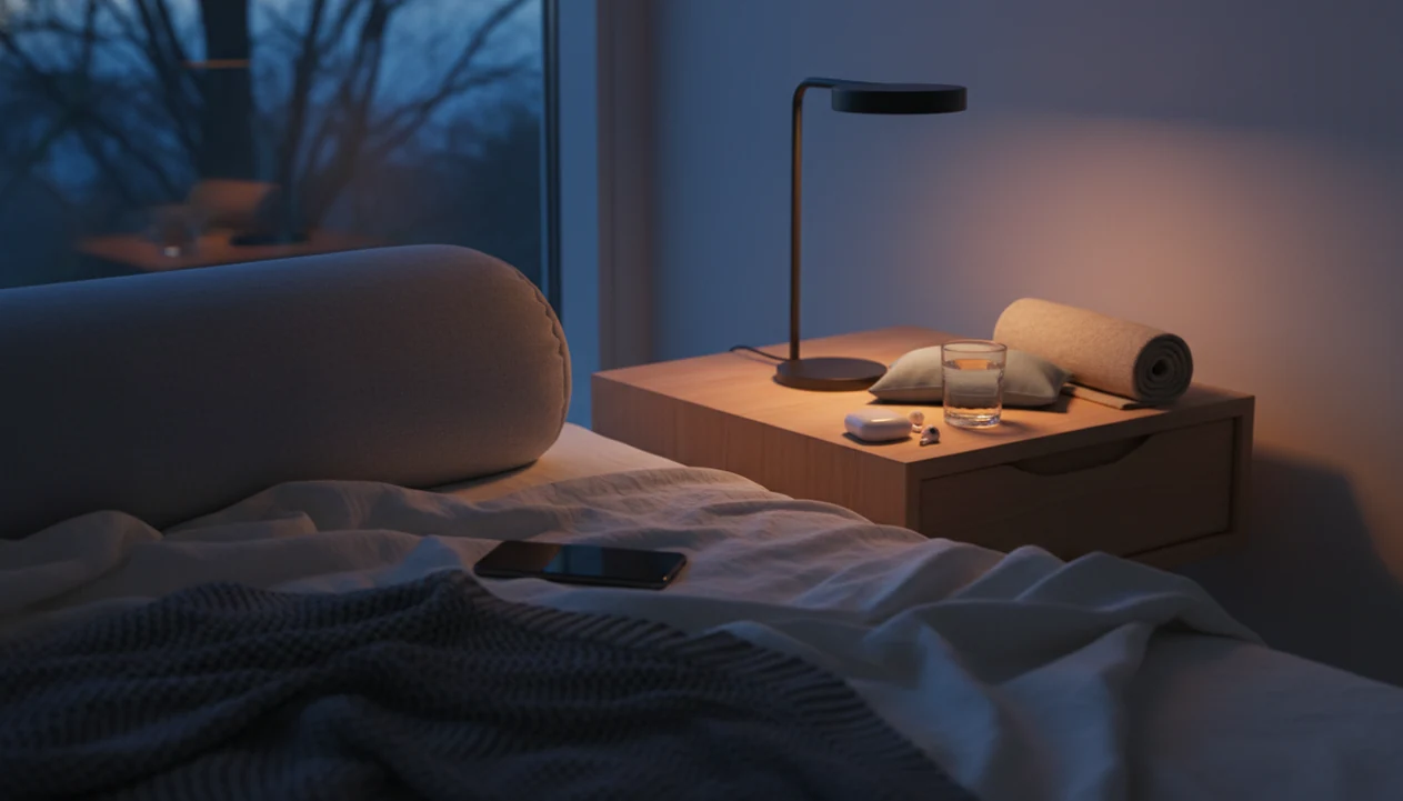 A calm bedside setup with a heat wrap, eye pillow, soft lamp and phone beside the bed.