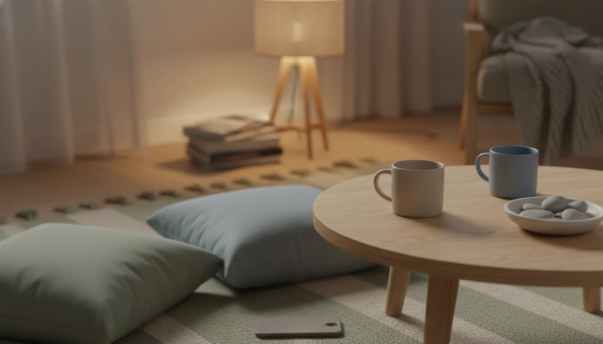 Two mugs, cushions, and calming objects suggest a mindful pause for relationship communication.