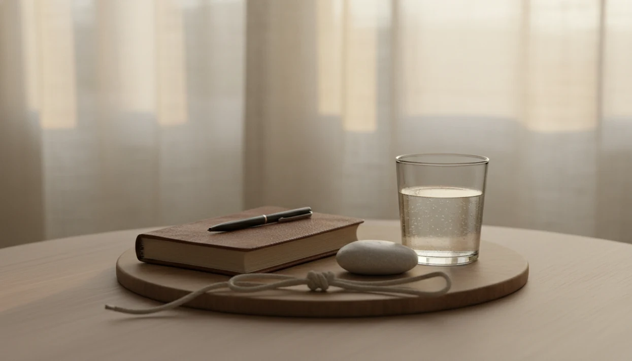 A calm bedside still life with a journal, stone, water glass, and loosened cord in soft morning light.
