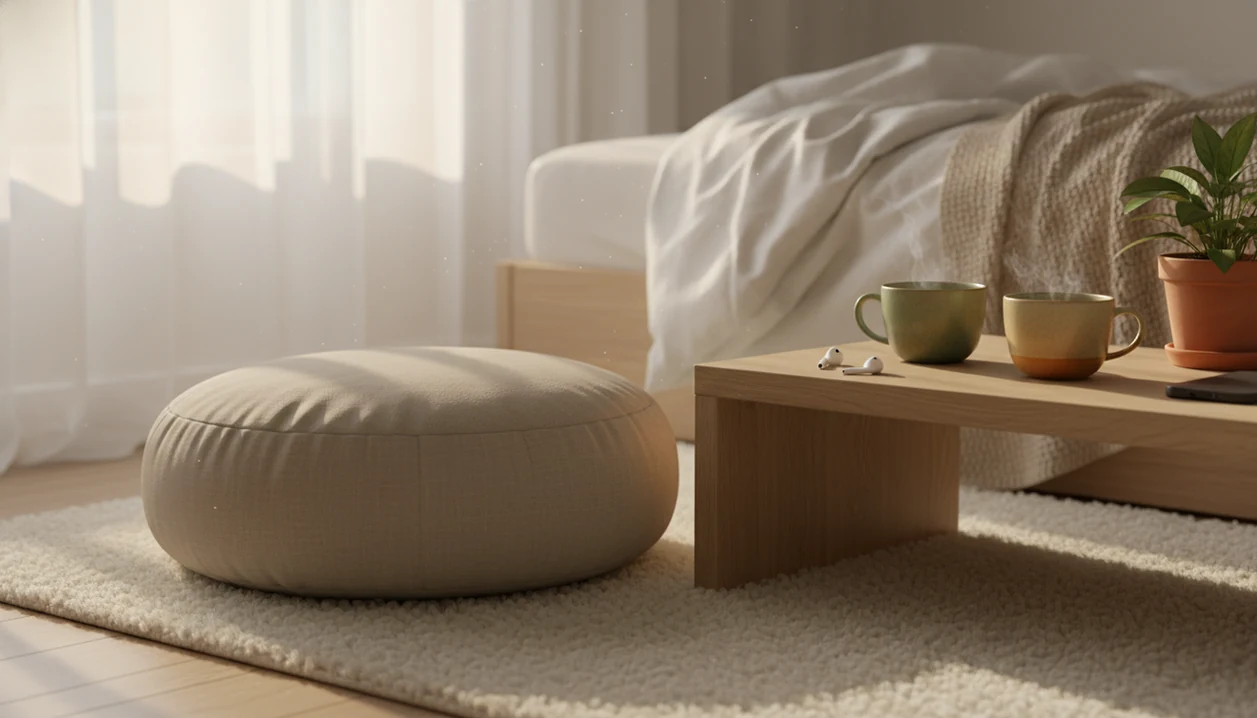 A calm meditation corner with cushion, tea cups, plant, low light, blanket, and phone for guided audio.