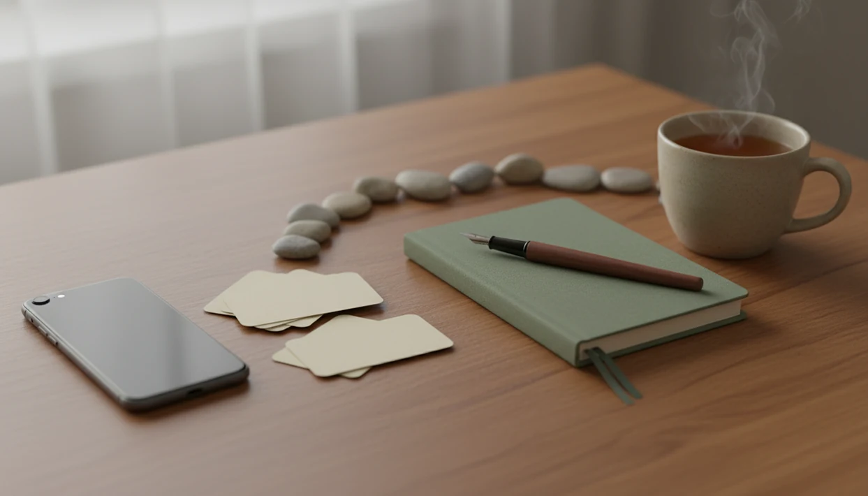 A calm tabletop still life shows a phone, notebook, tea, and stones forming a gentle boundary.