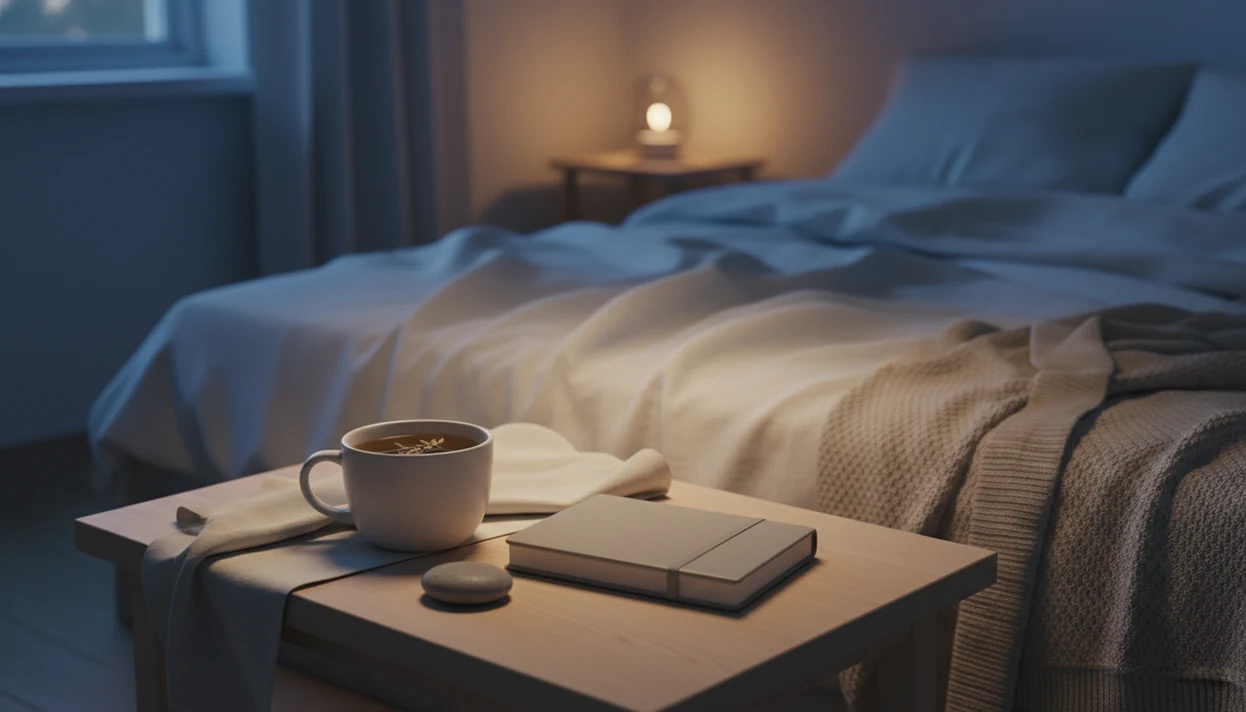 A calm bedside still life with tea, a journal, and soft evening light suggesting a mindful pause.