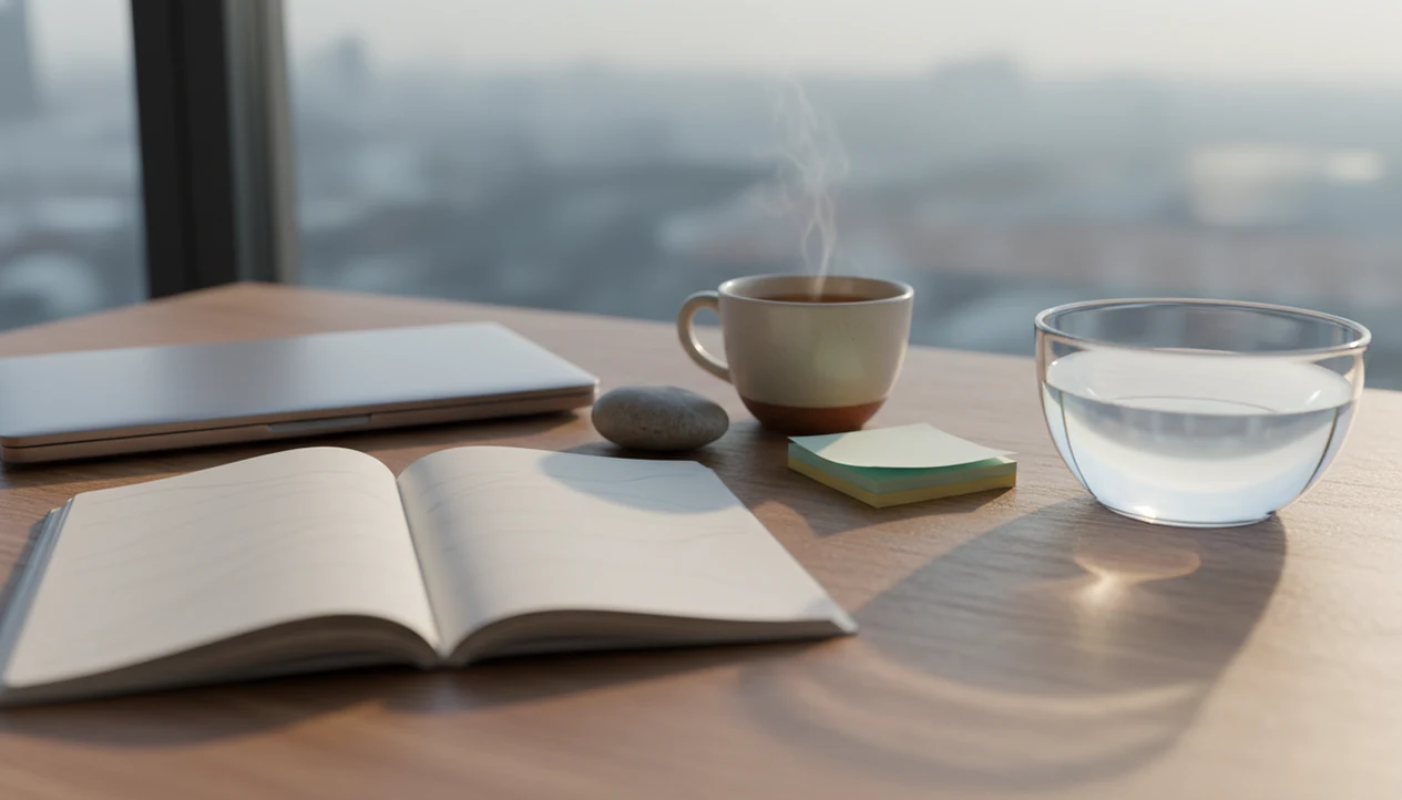 A calm dawn workspace with a notebook, tea, stone, and water bowl suggesting mindful pause during self-doubt.