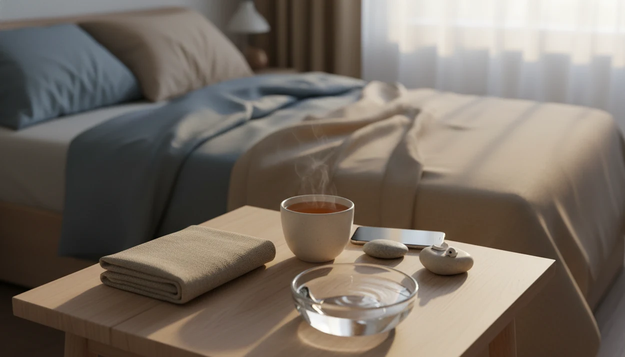 A calm bedside still life with tea, phone on the nightstand with sleep audio ready.