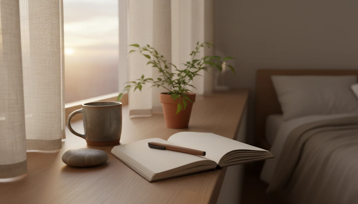 A calm dawn bedroom scene with a notebook, stone, mug, and small plant on a windowsill.