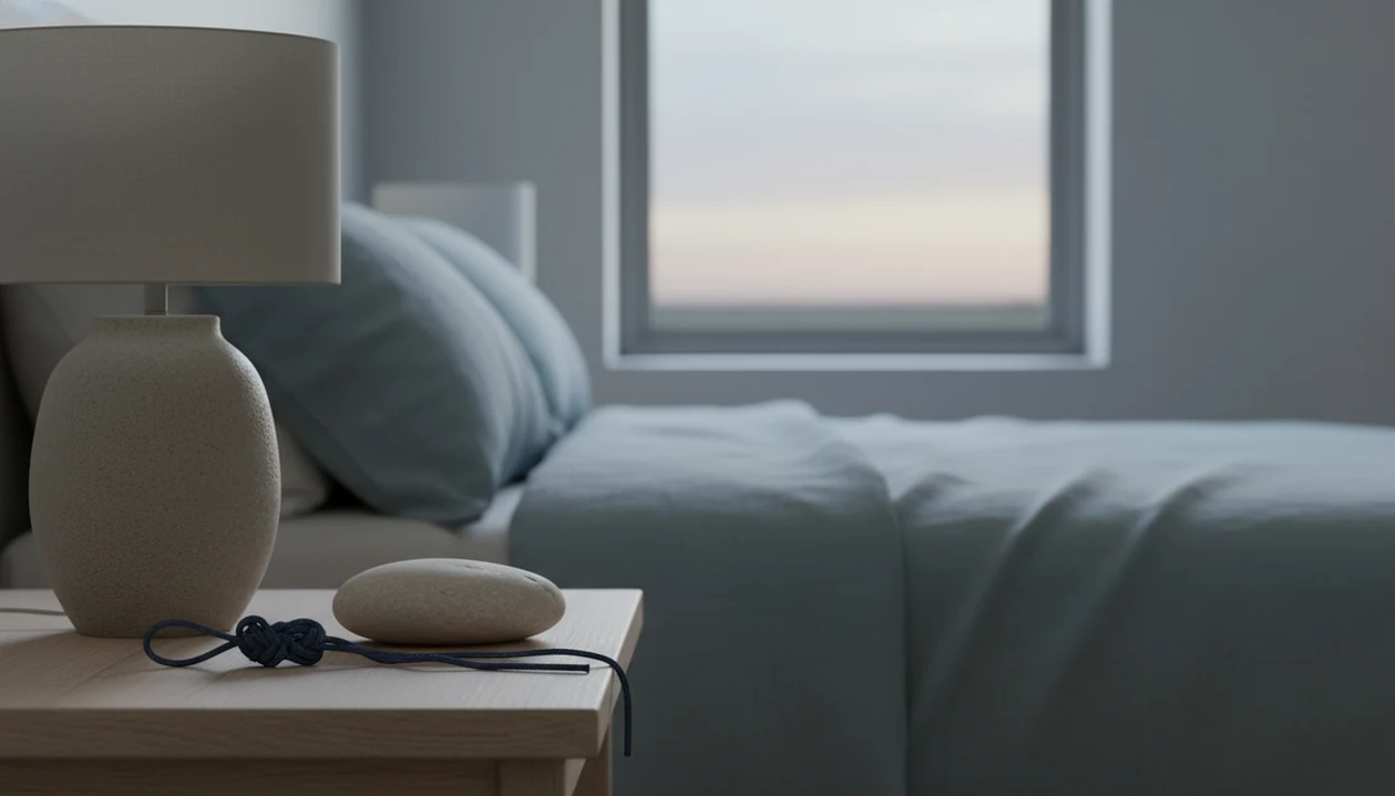 A loosening cord on a bedside table symbolizes releasing resentment before sleep.