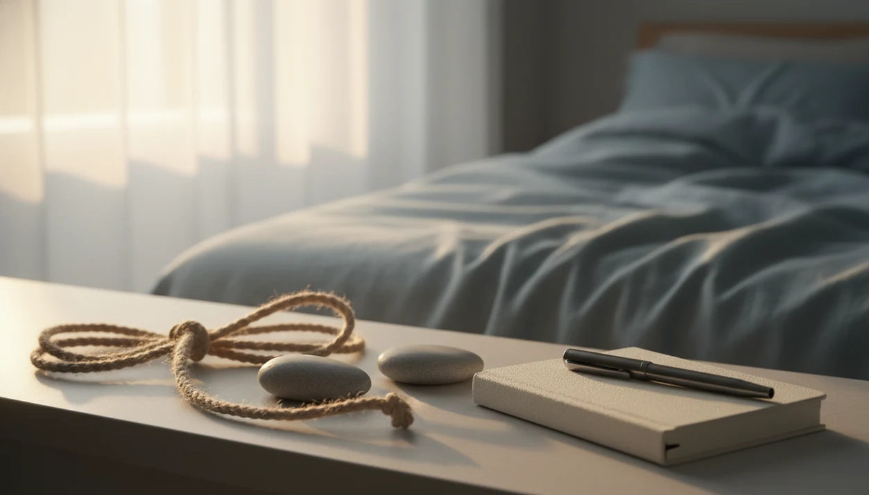 An untied cord, two stones, and a blank journal rest on a dawn-lit bedroom windowsill.