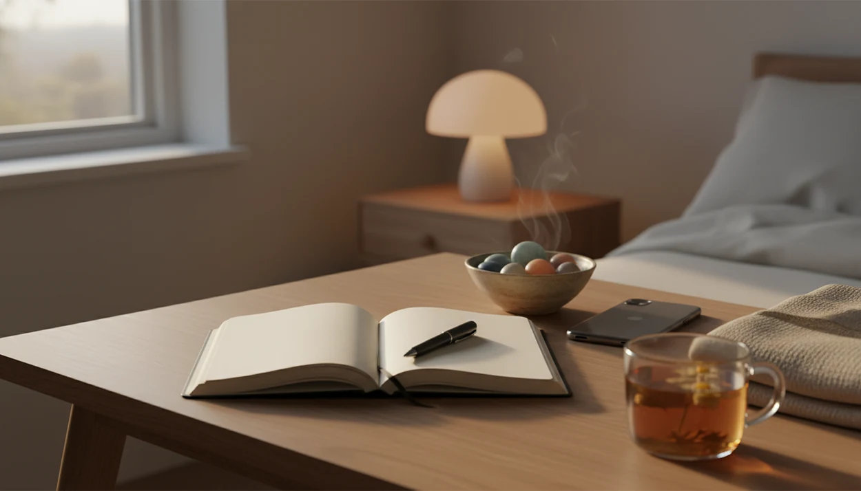 A calm desk with a blank journal, colored stones, tea, and soft morning light for emotional reflection.