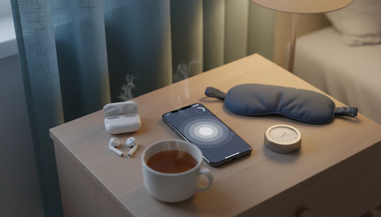 A calm bedside still life shows a phone, soft lamp and phone beside the bed.