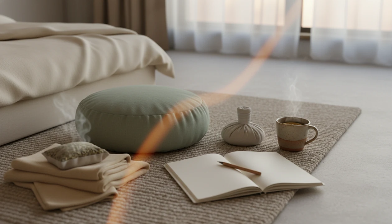 A quiet bedroom still life with a meditation cushion, blanket, tea, and warm compress for pain relief practice.