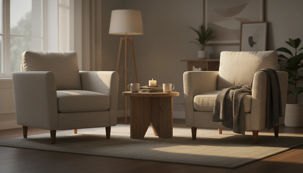 Two empty chairs face each other in a calm living room set up for a mindful conversation.