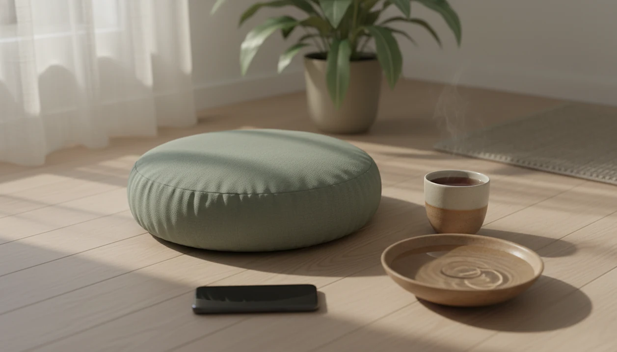 A calm mindfulness corner with a cushion, tea, plant, water ripple, and phone in soft morning light.