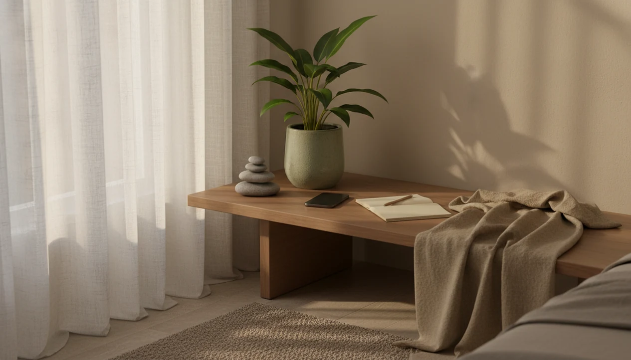 A calm bedside still life with stones, a seedling, notebook, blanket, and soft morning light.