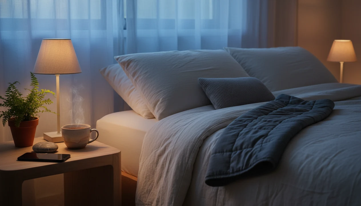 A calm bedroom still life with tea, linens, a face-down phone, and soft dawn light through curtains.