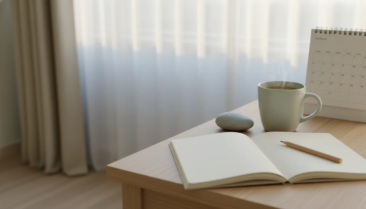 A calm desk with a blank notebook, pencil, tea, and soft dawn light suggesting mindful planning.