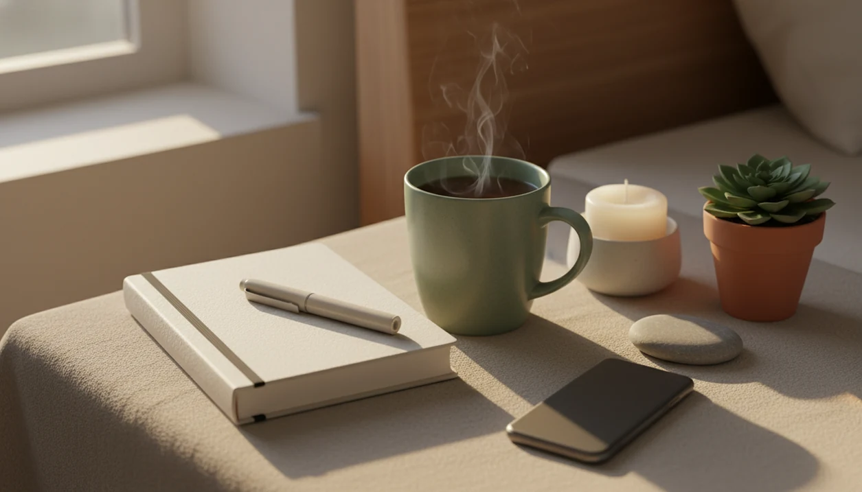 A calm bedside still life with tea, journal, candle, blanket, plant, and a face-down phone.