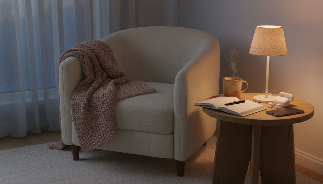 A calm bedroom corner with a journal, mug, blanket, phone on the nightstand with sleep audio ready.