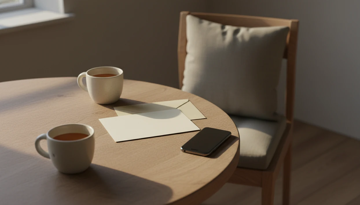 Two mugs, a blank letter, and a face-down phone sit on a quiet kitchen table at dawn.